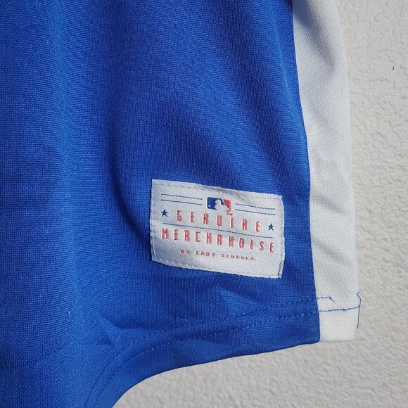 Chicago Cubs Jersey Womens XL Blue White MLB Baseball Button Front Script Raglan - Picture 2 of 9